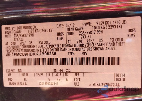 2019 Ford Escape Sel from USA, damaged, VIN 1FMCU9HDXKUB98235